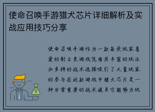 使命召唤手游猎犬芯片详细解析及实战应用技巧分享 使命召唤手游猎犬芯片详细解析及实战应用技巧分享